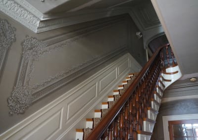 Here is a picture of the stairs taken from the first floor at our hotel durham nh. There is a beautiful runner installed running up the stairs.