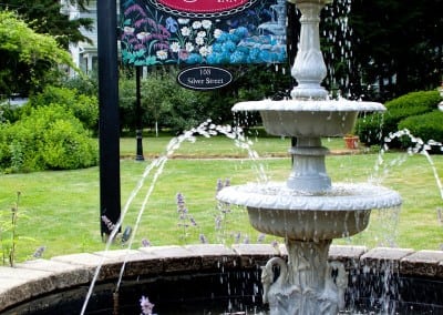 Here is another photo of our beautiful working fountain. This fountain is in front of te silver fountain inn sign. This hotel near seacoast nh is located at 103 silver street.